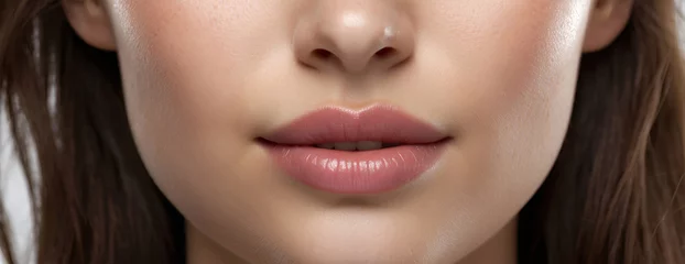 Fotobehang Close-up of perfect natural lip makeup. Photo of beautiful female face. pink glossy plump lips, natural face, beauty and skin care. © Dreams Studio™
