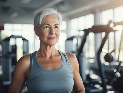 A portrait of an elderly senior grey haired fit woman lady in a gym.