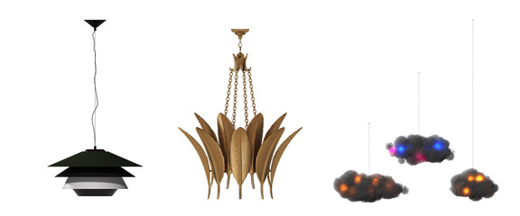 chandelier on the ceiling isolated on white background, hanging lamp, pendant light, 3D illustration, cg render