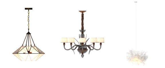 chandelier on the ceiling isolated on white background, hanging lamp, pendant light, 3D illustration, cg render