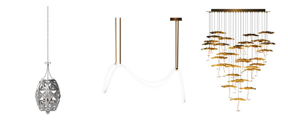 chandelier on the ceiling isolated on white background, hanging lamp, pendant light, 3D illustration, cg render