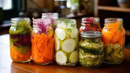 Variety of colorful pickled vegetables in jars on wooden table. Home preservation.
