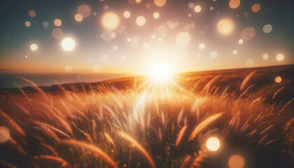 Sunset glow over a golden wheat field with sparkling light orbs. Warm and inviting concept. Generative AI - obrazy, fototapety, plakaty