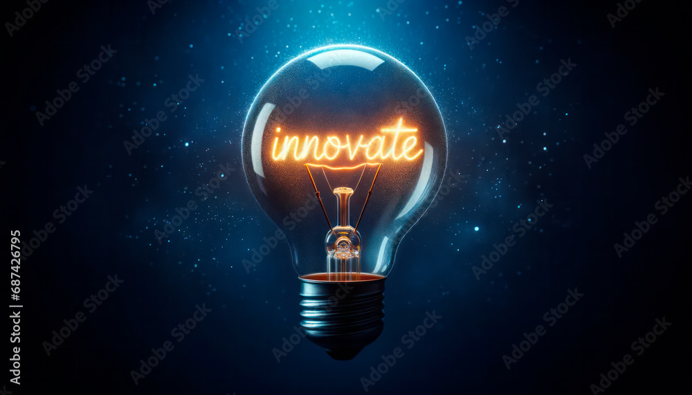 Aufkleber glowing light bulb on dark background with innovate text. generative ai