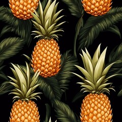 A minimalist and elegant seamless pattern showcasing detailed illustrations of tropical fruits  pineapples, on a black background