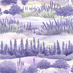 A serene and calming seamless pattern showcasing watercolor-style countryside landscape with blooming lavender fields