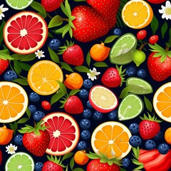A vibrant and colorful seamless pattern featuring an assortment of ripe and juicy fruits and berries such as strawberries, blueberries, oranges, grapefruit and lime, on a dark background