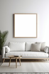 Interior of a living room in minimalist style with white empty picture frame for mockup, hanging over the sofa, table and houseplant