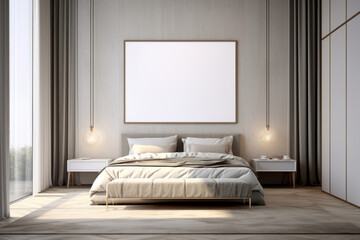 Interior of a bedroom in Modern Luxury style with a empty, blank white frame for mock up, hanging on the wall over the bed