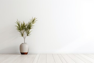 Interior of a empty bright room in minimalist scandinavian style with wooden floor, potted houseplant and blank wall for mock up, montage, copy space