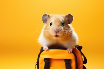 A schoolboy hamster with a backpack on yellow orange background.