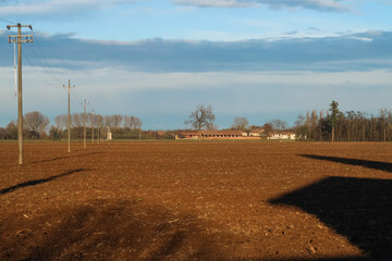 Po Valley landscape fields crops trees farmhouse