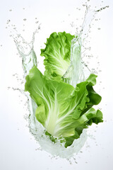 splash of water, juice and flying cabbage in the air on white background.