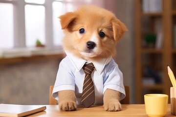 A puppy is a student or teacher in a shirt and tie in classroom.