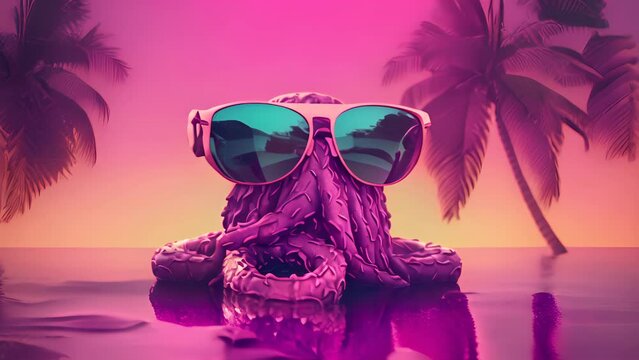 Contemporary vaporwave stylish octopus wearing sunglasses on summer beach outdoor background with palm trees. 