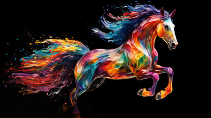 Colorful horse running on black background