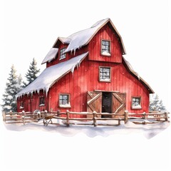 old Christmas red barn in a snowy forest © Christophe