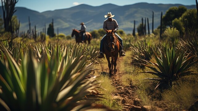 Farmer in cowboy hat riding horse in agave field