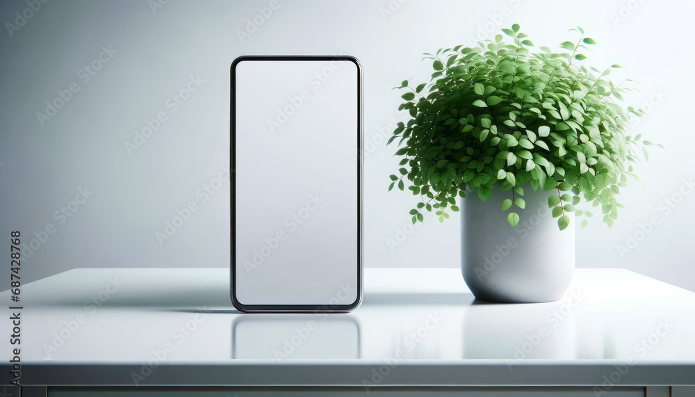 Poster smartphone with blank screen on white table. generative ai