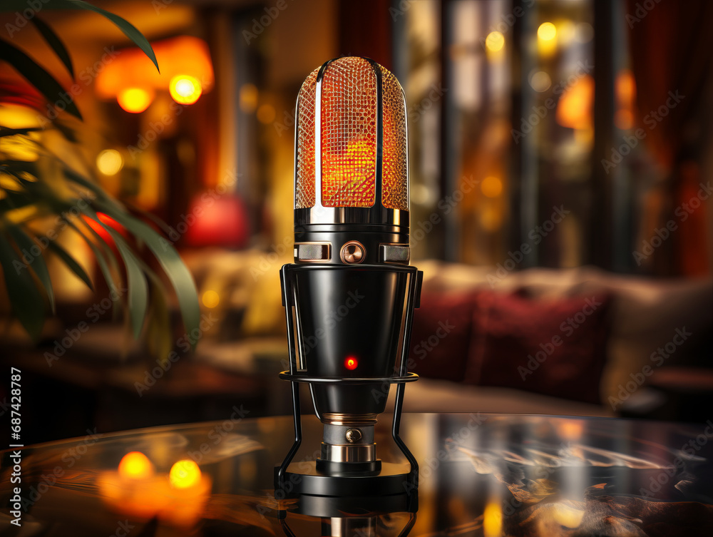 Poster Elegant microphone with ambient lighting in a lounge. Generative AI