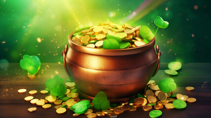 Leprechaun's pot with golden coins, clover leaf, good luck saint Patrick's day concept holiday