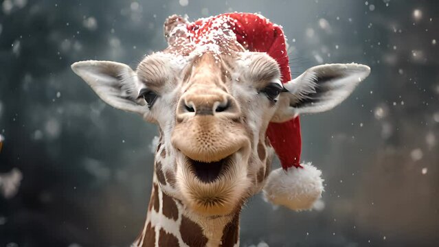 Portrait of a cute giraffe in Santa Claus hat. 