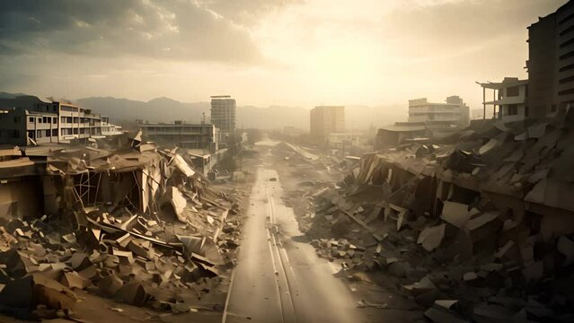 Natural disaster, earthquake. Ruined city.