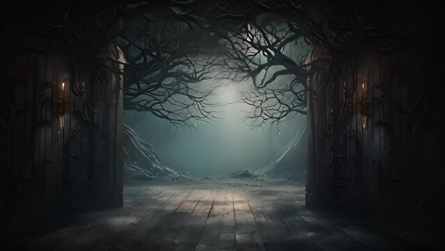 Dark fantasy forest portal with empty round frame copy-space.