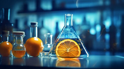 vibrant orange scientific solution in glass flask against blue chemistry laboratory setting