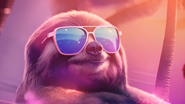 Vaporwave stylish pop art sloth wearing sunglasses on summer palm trees background. 