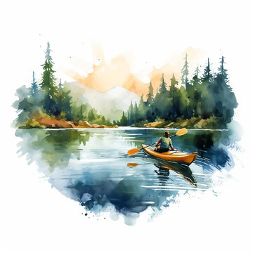 Boat on a lake illustration kayaking watercolor painting at sunset / sunrise wallpaper clipart with white background