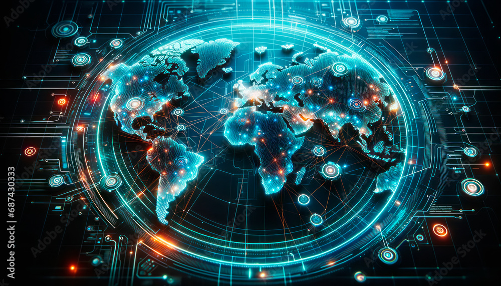 Poster Global network map with high-tech digital interface. Cybersecurity and information technology concept. Generative AI