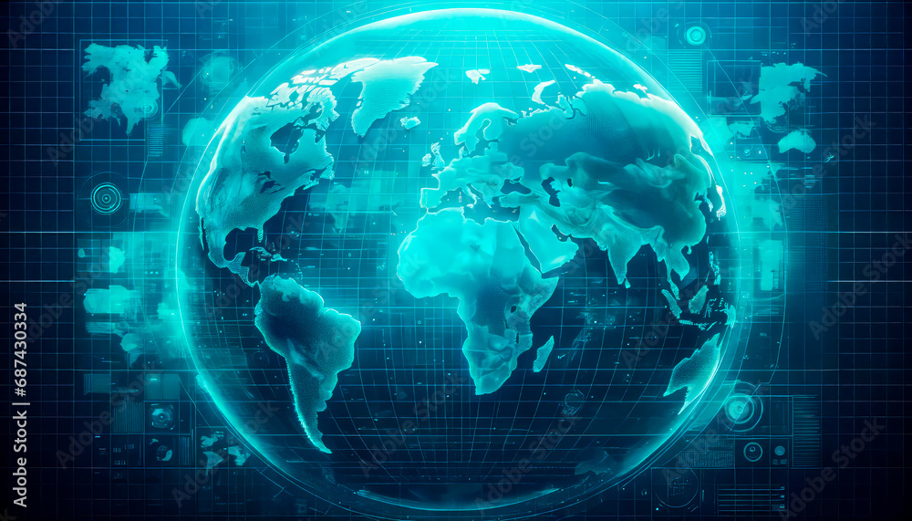Poster Digital representation of global network connections on a dark background. Connectivity concept. Generative AI