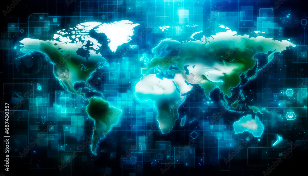 Poster Abstract digital world map with blue glowing grid network lines on dark background. Connectivity concept. Generative AI