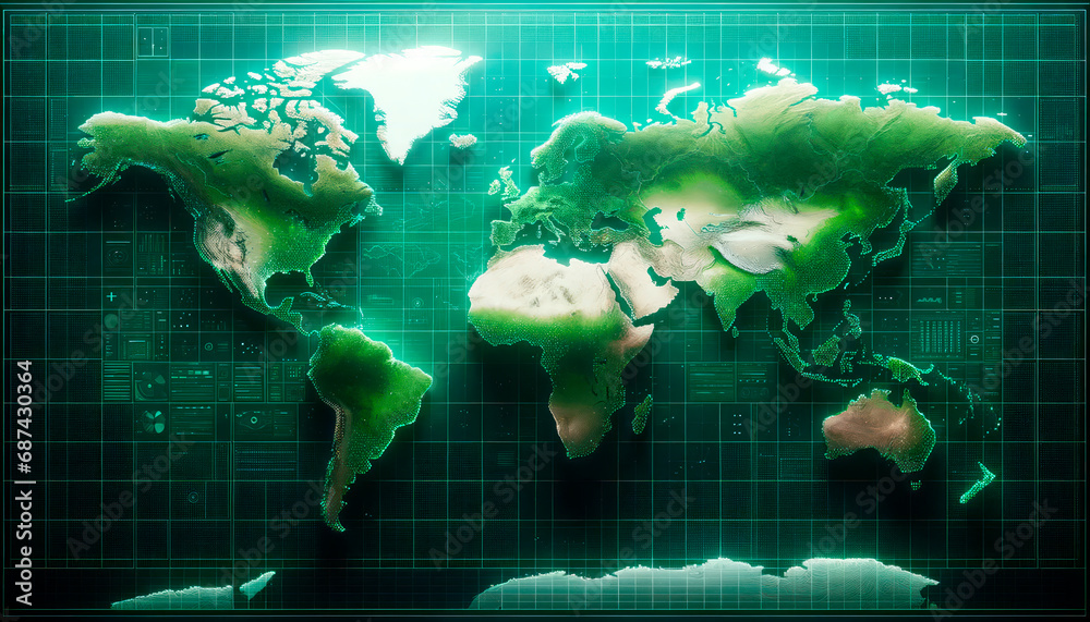 Poster 3D digital world map with topography lines on green grid background. Geographic information system concept. Generative AI
