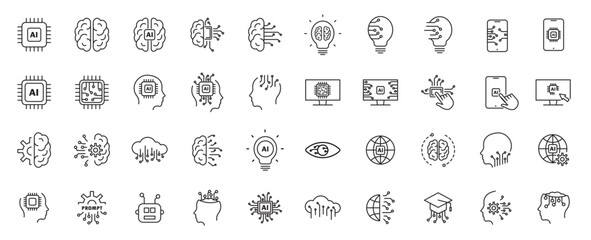Artificial Intelligence Line style Editable Icons set. modern thin style icons of AI technology and possibilities, machine learning, digital AI technology. eps 10 vector illustration