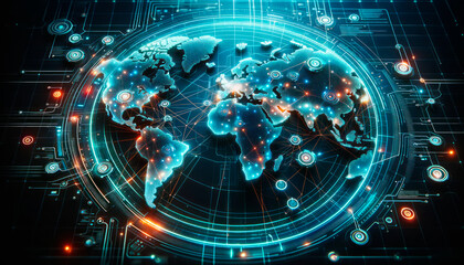 Global network map with high-tech digital interface. Cybersecurity and information technology concept. Generative AI