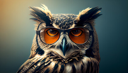 Smart owl wearing sunglasses close up portrait