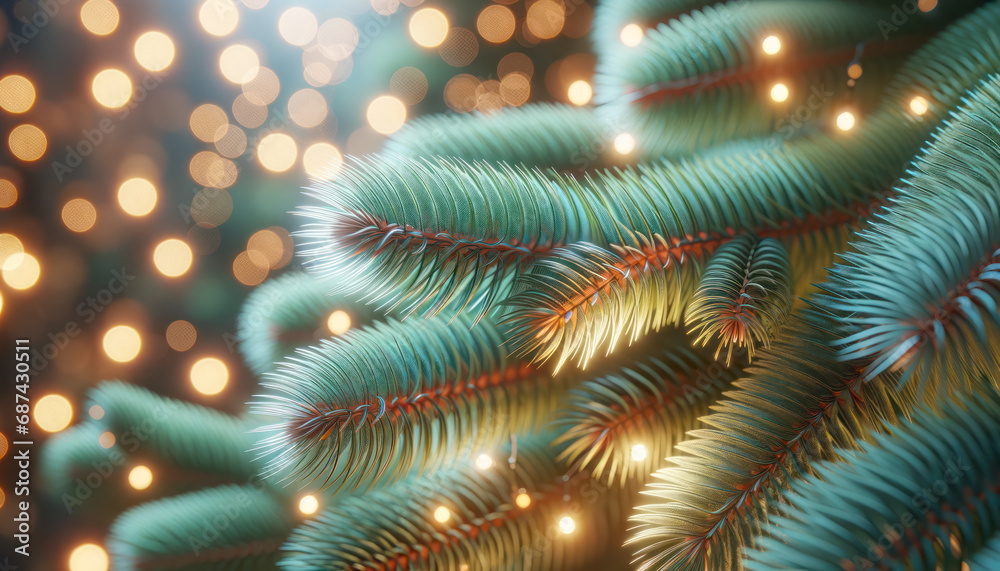 Poster lush pine needles in focus against a backdrop of soft golden bokeh, holiday warmth background. gener
