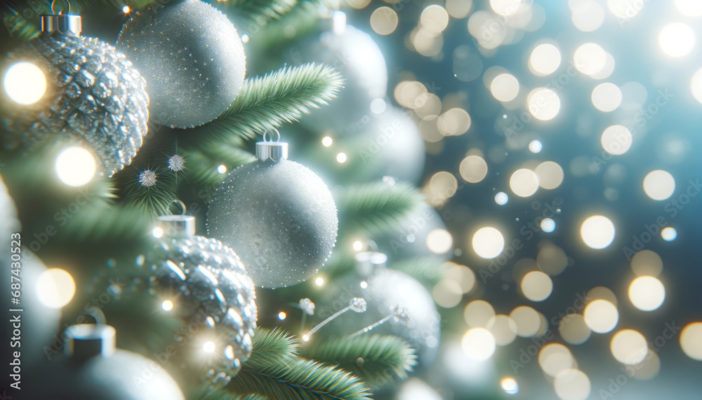 Poster christmas tree with baubles and snowflakes on bokeh background. generative ai