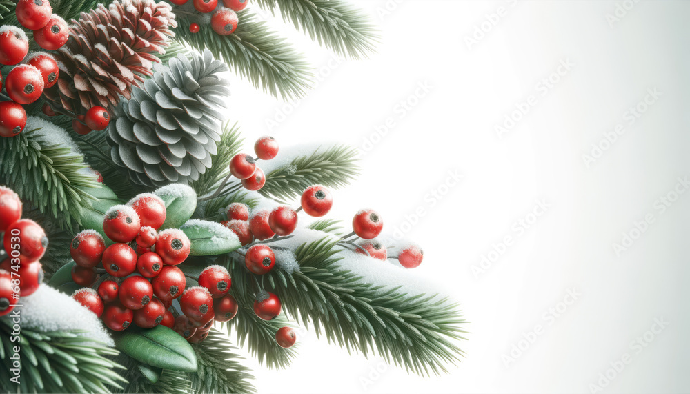 Poster christmas background with fir branches, red berries and cones on a white background. generative ai