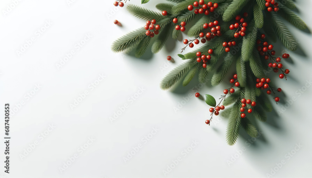 Poster Christmas background with fir branches and red berries. Generative AI