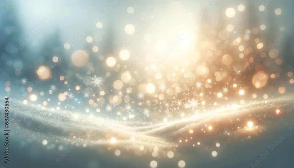 Poster sparkling bokeh lights overlaying a frosty winter landscape at dusk. serene twilight concept. genera