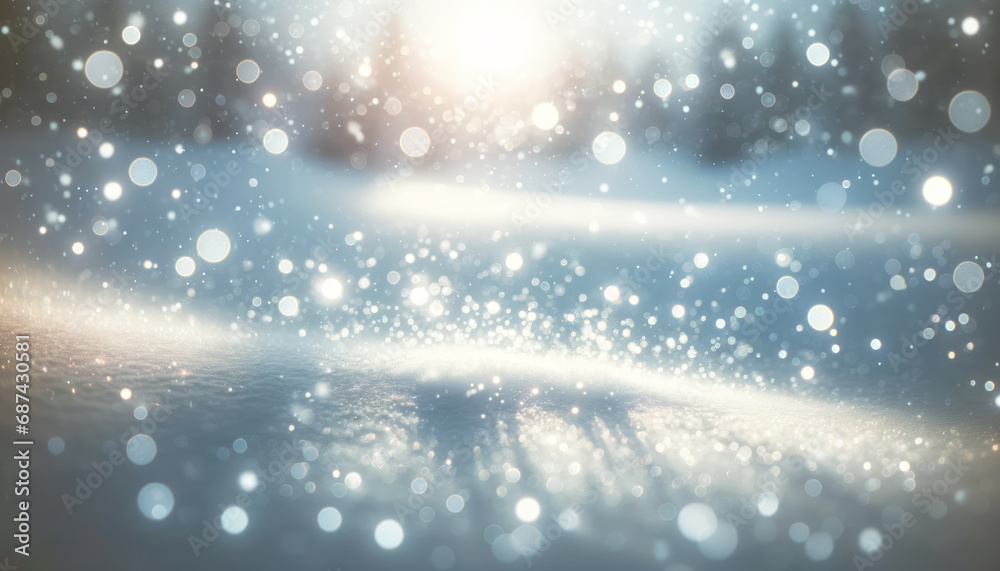 Poster Dreamy winter landscape with sparkling bokeh and a snowy foreground. Enchanting evening concept. Generative AI