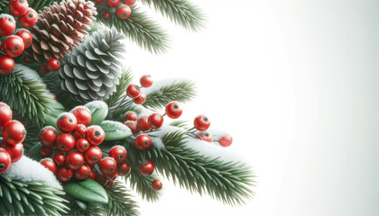 Fototapeta na wymiar Christmas background with fir branches, red berries and cones on a white background. Generative AI