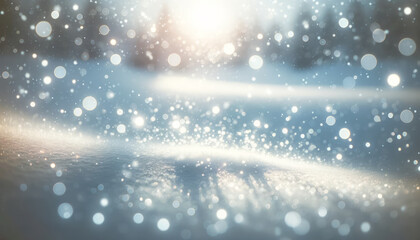 Dreamy winter landscape with sparkling bokeh and a snowy foreground. Enchanting evening concept. Generative AI