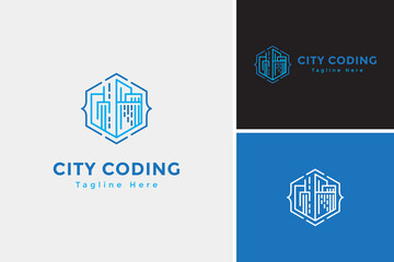 Modern city coding hosted logo for technology system logo design vector template