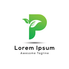 letter p with leaf logo design icon