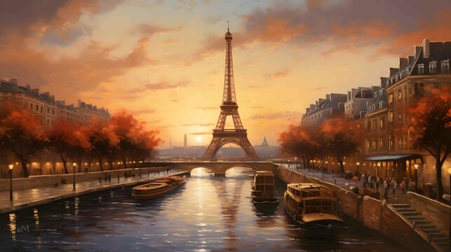 oil painting of Eiffel Tower at sunset