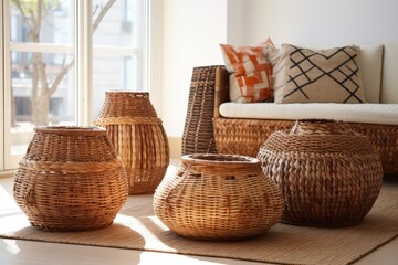 Wicker decor collection with dry sticks arranged on bright interior. Traditional home accents.